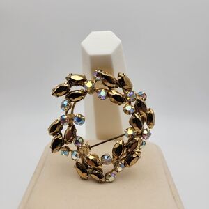 Elegant Gold Tone Floral Aurora Borealis Stones Brooch